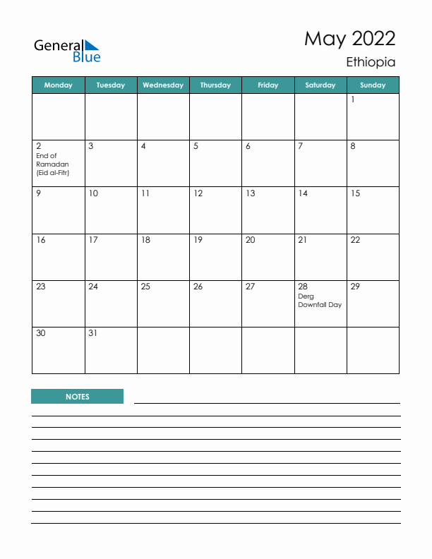 Calendar with Notes Printable - Monday Start