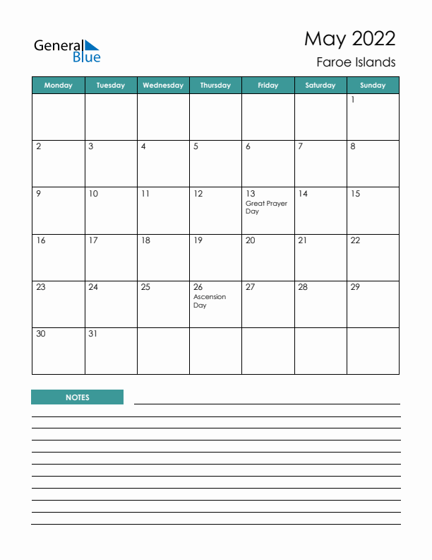 Calendar with Notes Printable - Monday Start