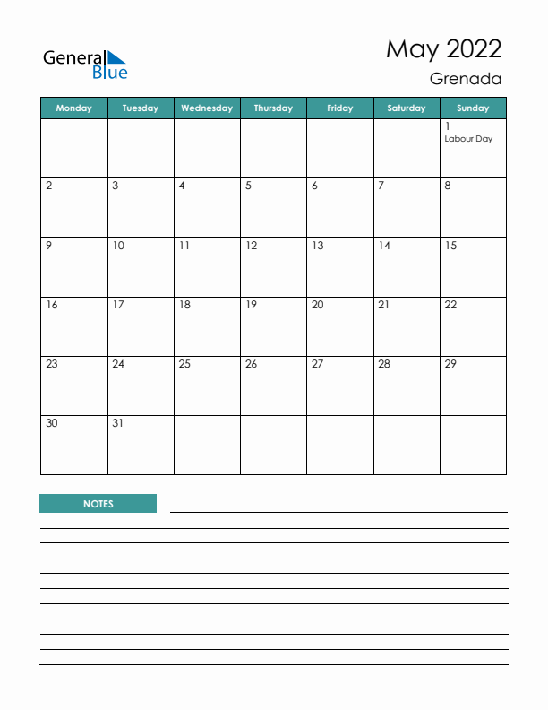 Calendar with Notes Printable - Monday Start