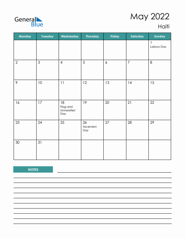 Calendar with Notes Printable - Monday Start