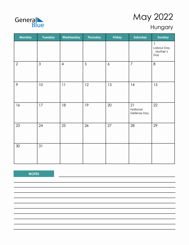 Calendar with Notes Printable - Monday Start