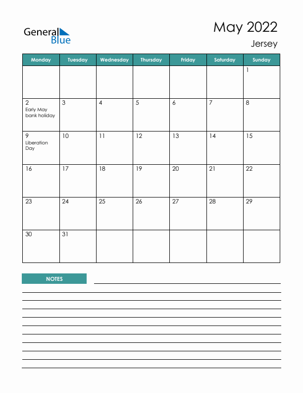 Calendar with Notes Printable - Monday Start