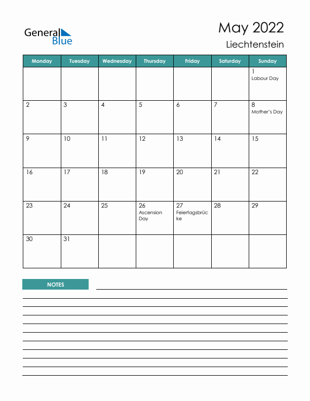 Calendar with Notes Printable - Monday Start