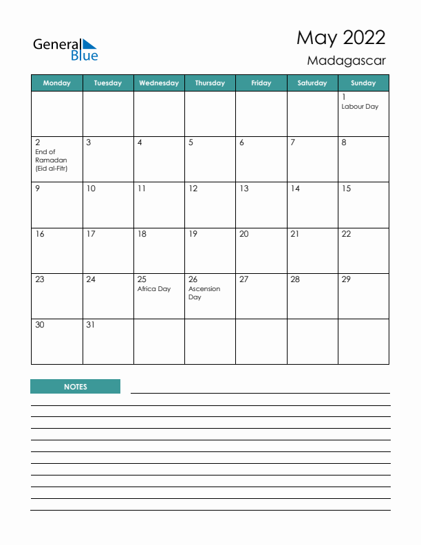 Calendar with Notes Printable - Monday Start