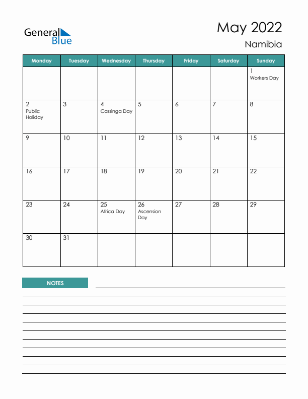 Calendar with Notes Printable - Monday Start