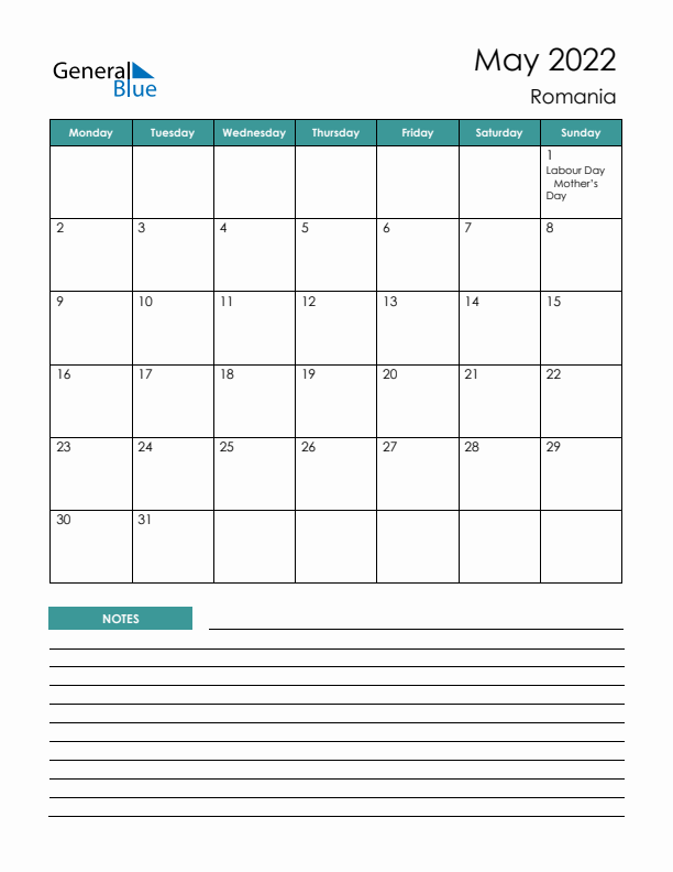 Calendar with Notes Printable - Monday Start