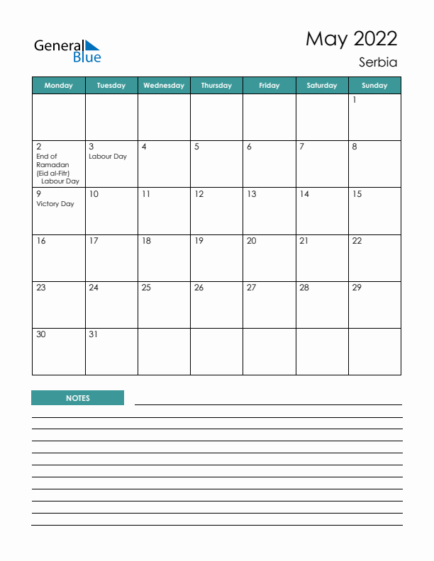 Calendar with Notes Printable - Monday Start