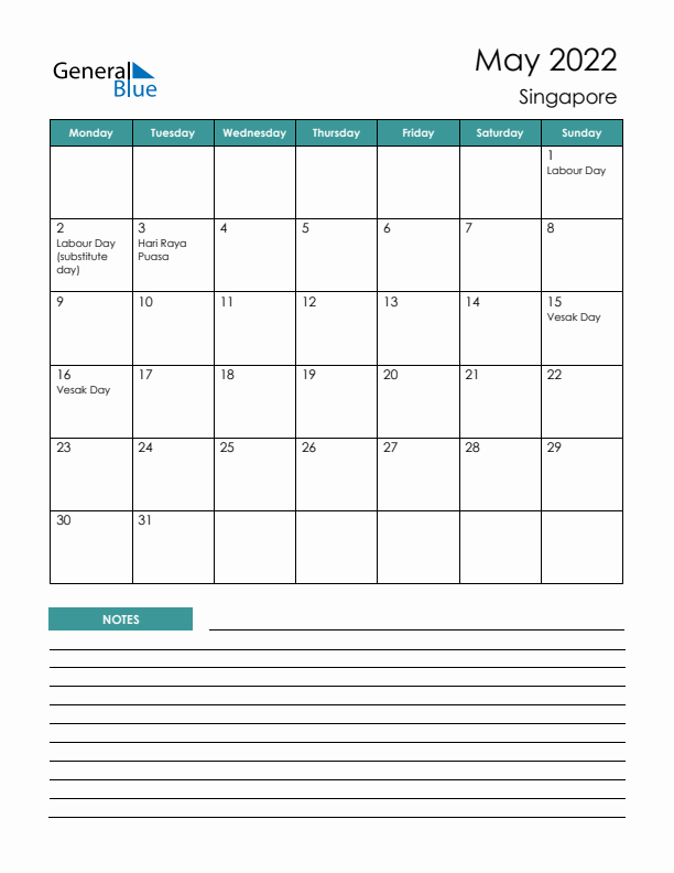 Calendar with Notes Printable - Monday Start