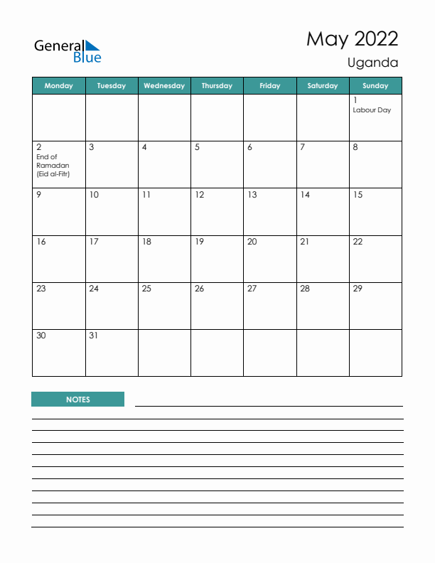 Calendar with Notes Printable - Monday Start