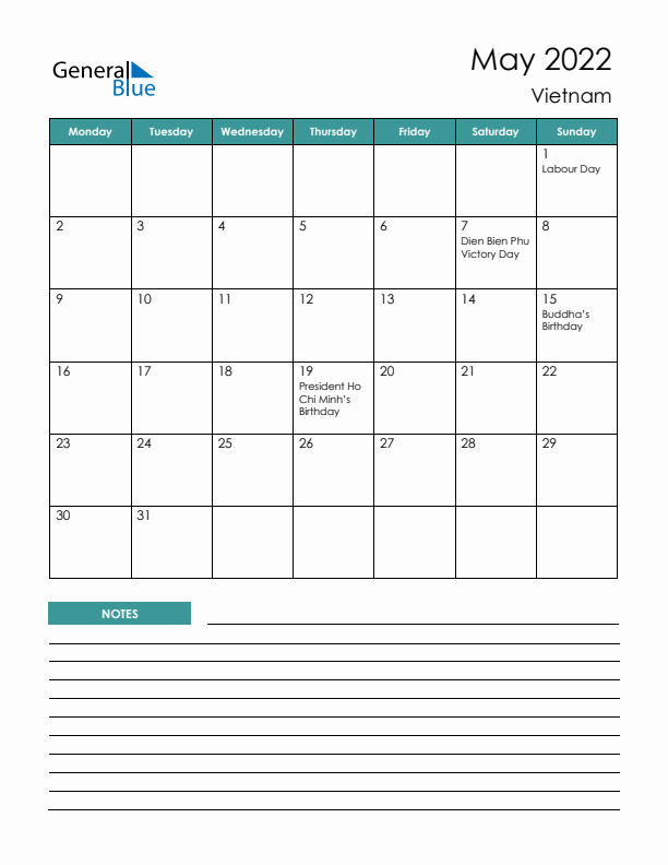 Calendar with Notes Printable - Monday Start