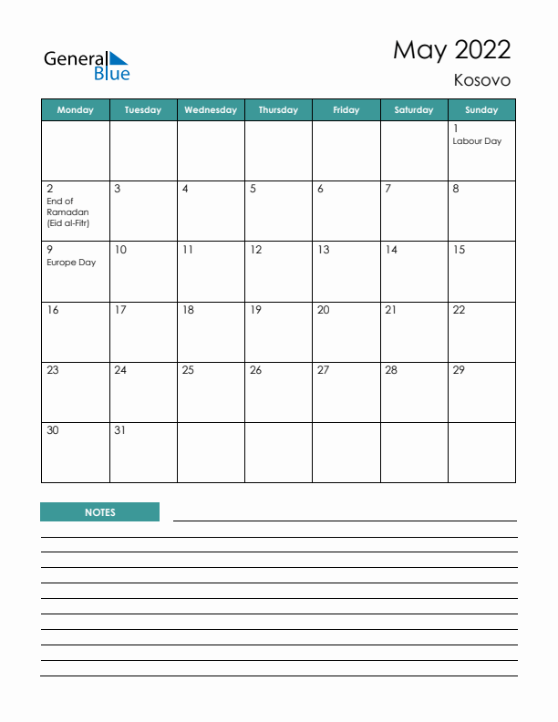 Calendar with Notes Printable - Monday Start