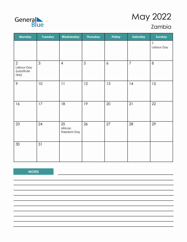 Calendar with Notes Printable - Monday Start