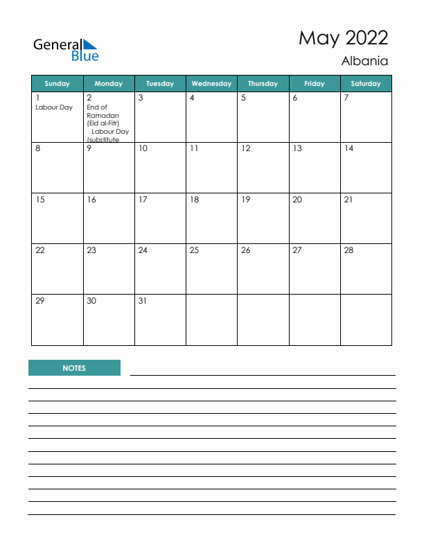 Calendar with Notes Printable - Sunday Start