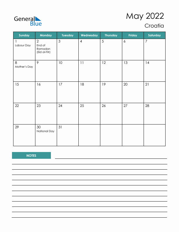 Calendar with Notes Printable - Sunday Start