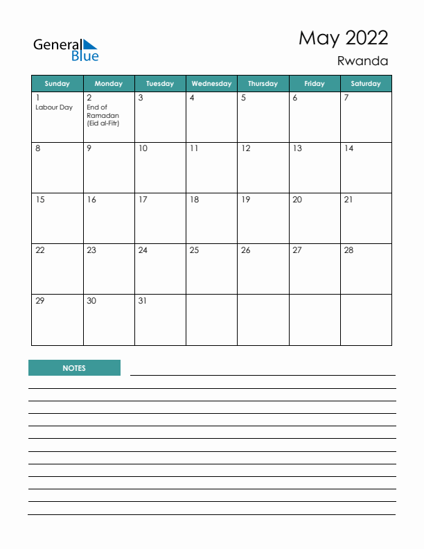 Calendar with Notes Printable - Sunday Start