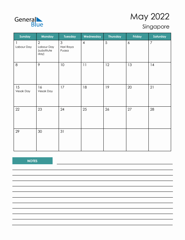 Calendar with Notes Printable - Sunday Start