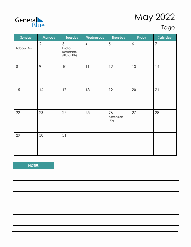 Calendar with Notes Printable - Sunday Start