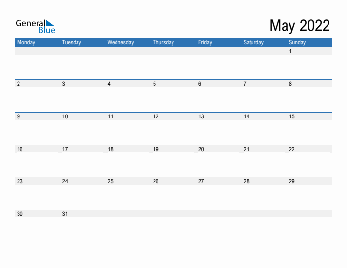 Fillable Calendar for May 2022