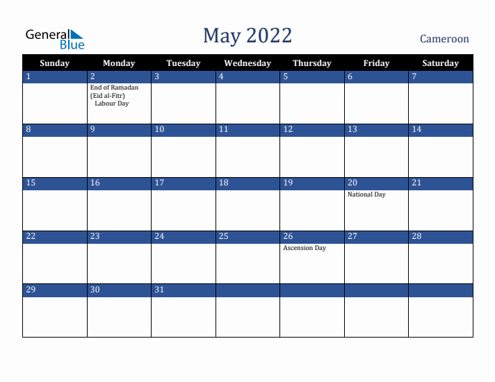 May 2022 Cameroon Calendar (Sunday Start)