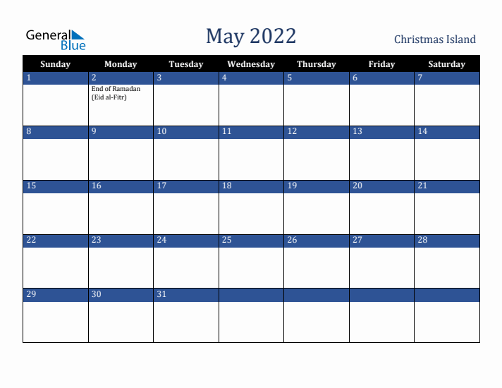 May 2022 Christmas Island Calendar (Sunday Start)