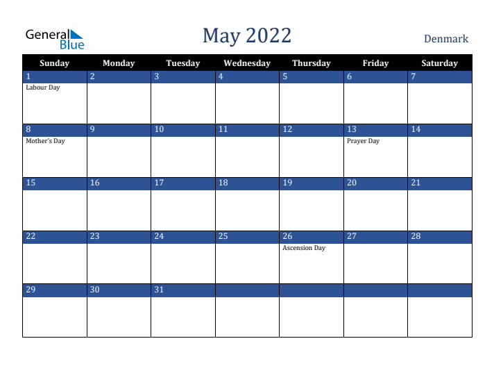 May 2022 Denmark Calendar (Sunday Start)