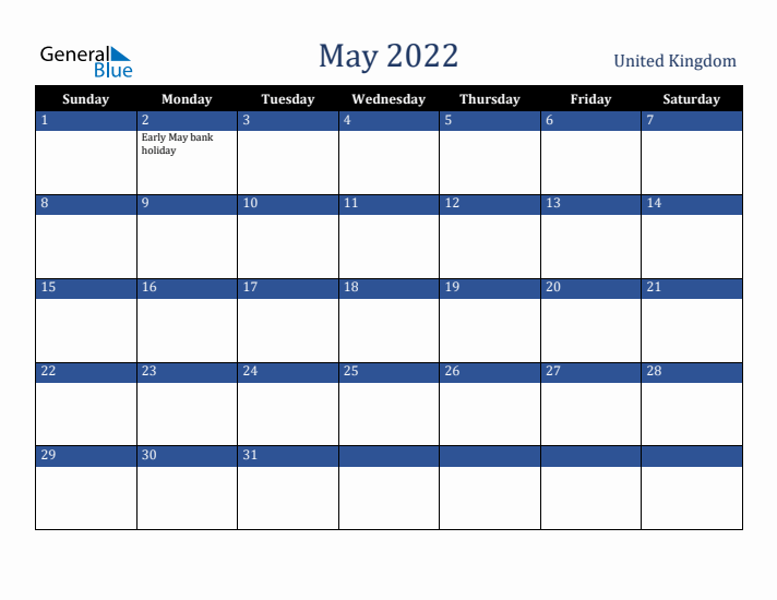 May 2022 United Kingdom Calendar (Sunday Start)