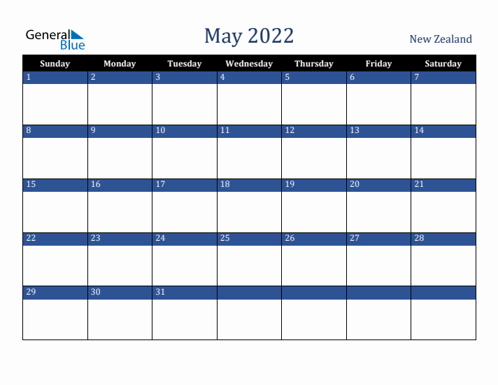 May 2022 New Zealand Calendar (Sunday Start)