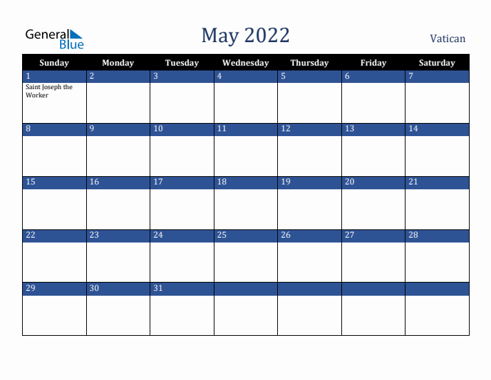 May 2022 Vatican Calendar (Sunday Start)