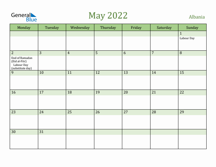 May 2022 Calendar with Albania Holidays