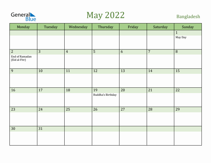 May 2022 Calendar with Bangladesh Holidays