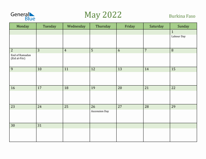 May 2022 Calendar with Burkina Faso Holidays