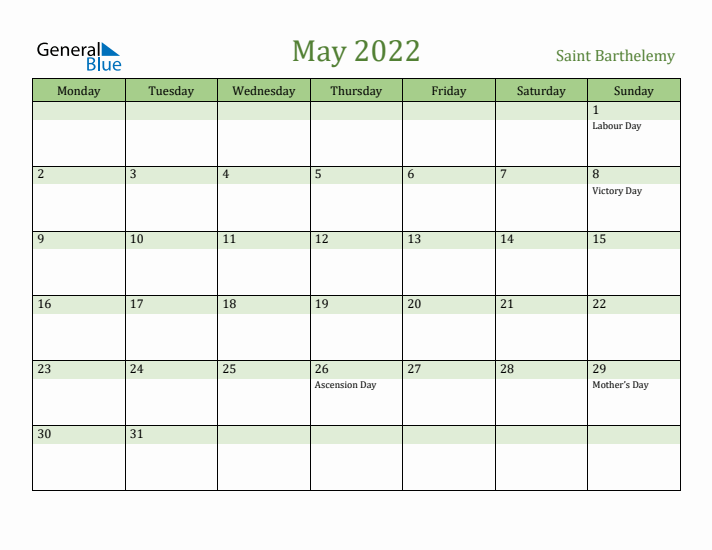 May 2022 Calendar with Saint Barthelemy Holidays