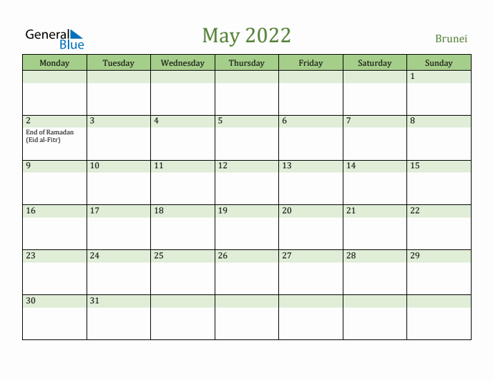 May 2022 Calendar with Brunei Holidays