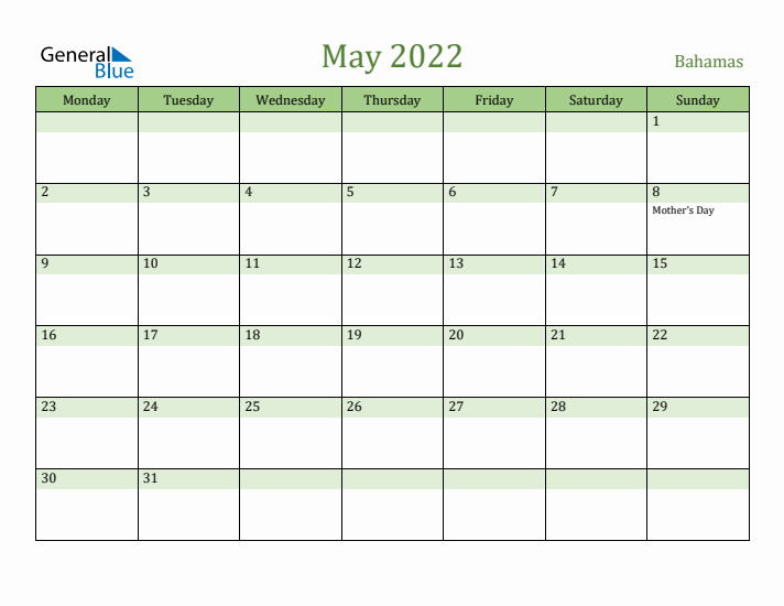 May 2022 Calendar with Bahamas Holidays