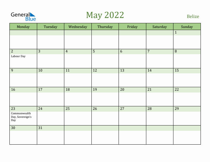 May 2022 Calendar with Belize Holidays