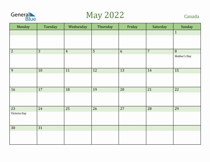 May 2022 Calendar with Canada Holidays