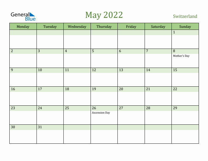 May 2022 Calendar with Switzerland Holidays