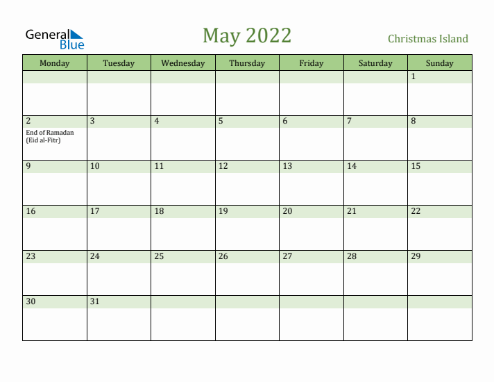 May 2022 Calendar with Christmas Island Holidays