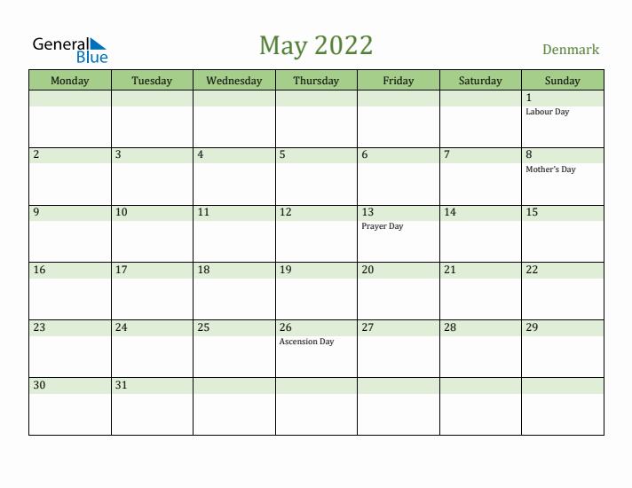 May 2022 Calendar with Denmark Holidays