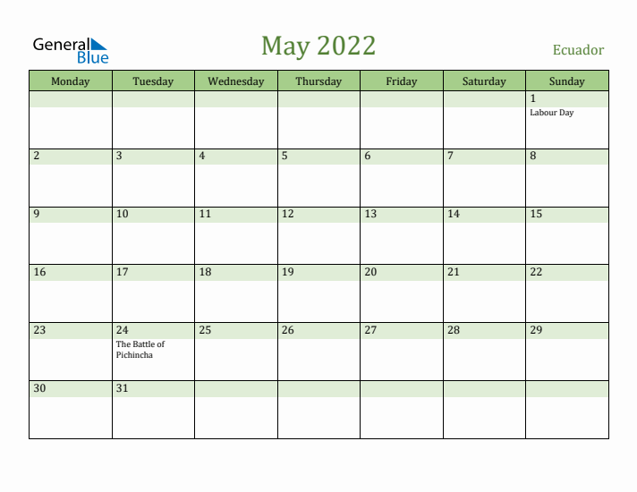 May 2022 Calendar with Ecuador Holidays