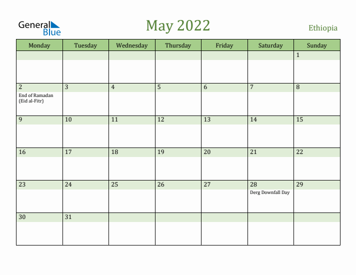 May 2022 Calendar with Ethiopia Holidays