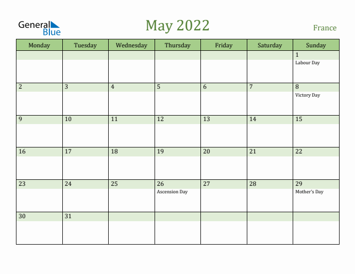 May 2022 Calendar with France Holidays