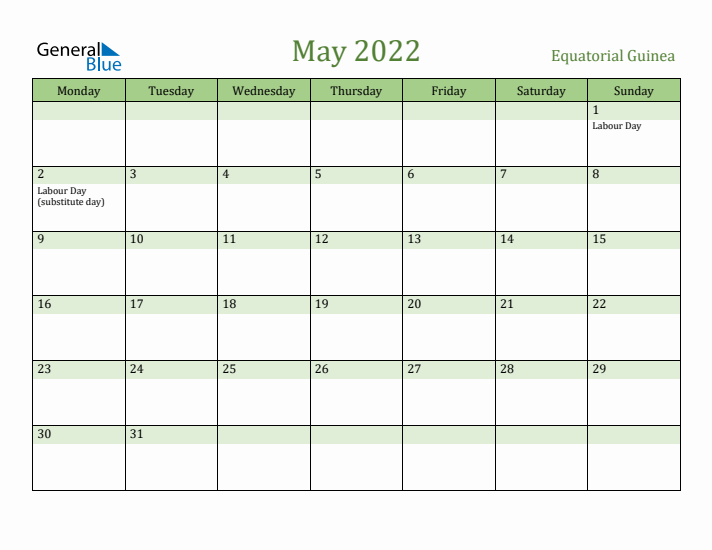 May 2022 Calendar with Equatorial Guinea Holidays