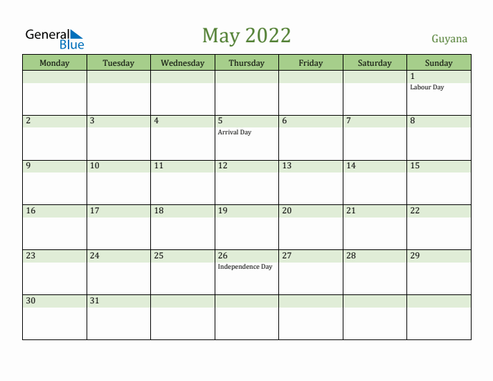 May 2022 Calendar with Guyana Holidays