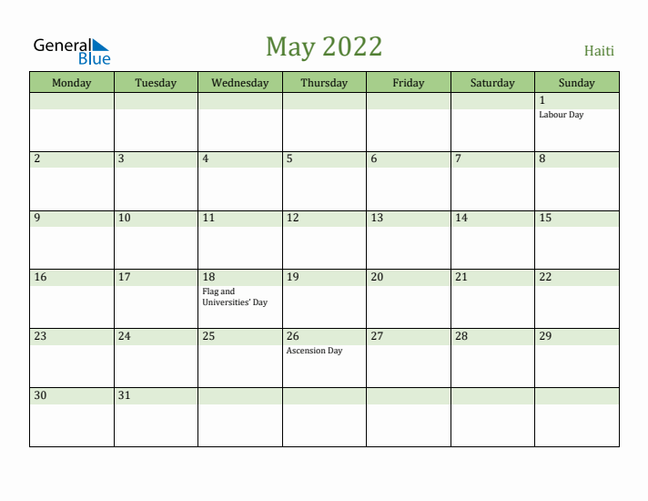 May 2022 Calendar with Haiti Holidays