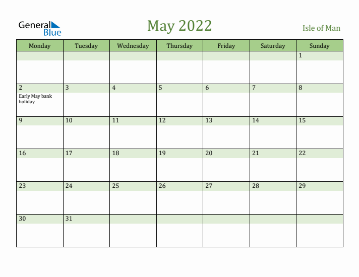 May 2022 Calendar with Isle of Man Holidays