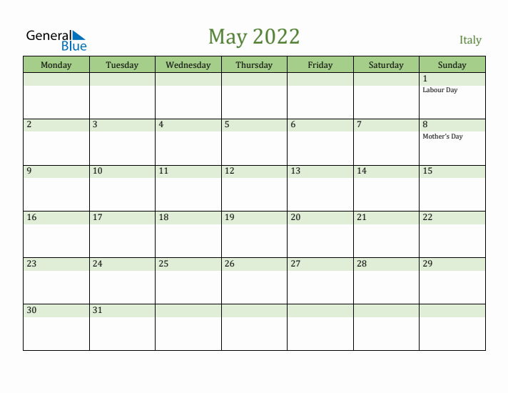 May 2022 Calendar with Italy Holidays