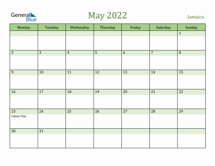 May 2022 Calendar with Jamaica Holidays