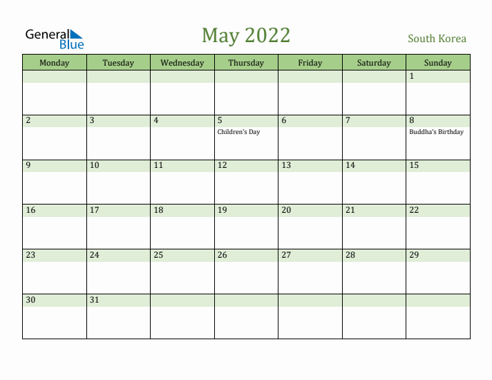 May 2022 Calendar with South Korea Holidays