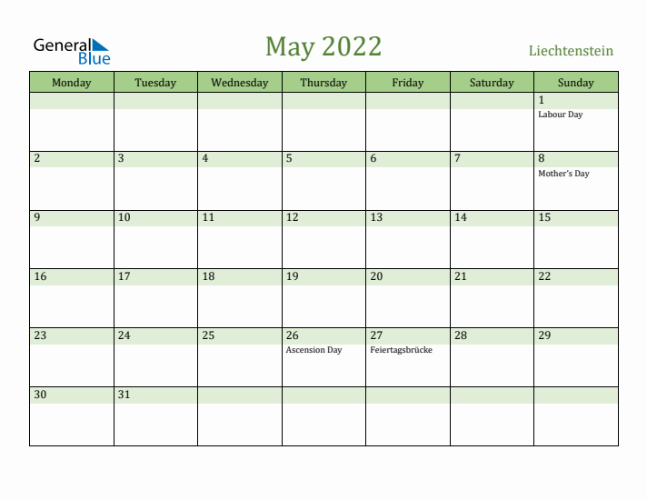 May 2022 Calendar with Liechtenstein Holidays